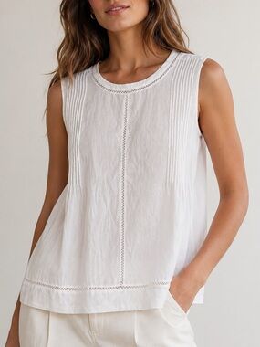 Vince Ramie Sleeveless Top Size XS White Breathable Beach Summer Natural Pintuck